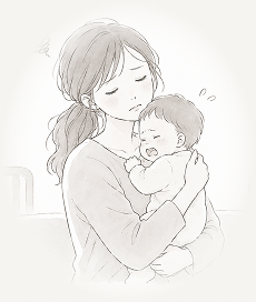 赤ちゃんを抱っこして悩む母親のイラスト