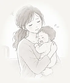 赤ちゃんを抱っこして悩む母親のイラスト